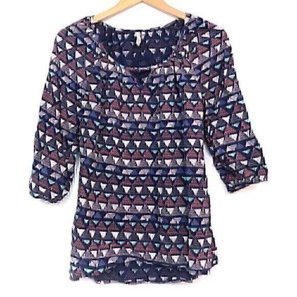 RED CAMEL Navy Blue Pink Boho Bohemian Striped Rayon 3/4 Sleeve Blouse Top Small - Picture 1 of 4